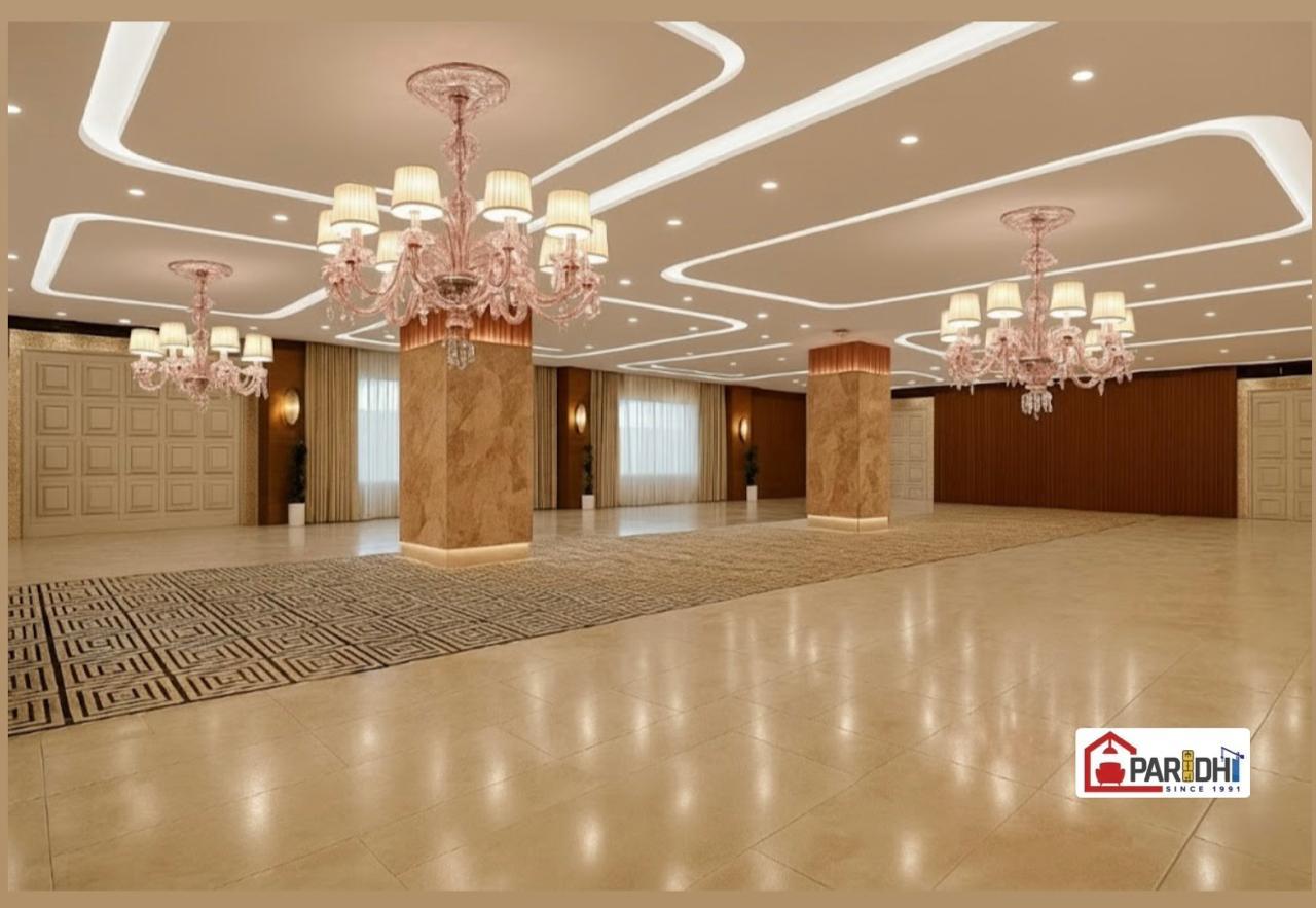 Grand air-conditioned banquet hall with chandeliers at The Heritage Resort Bhopal