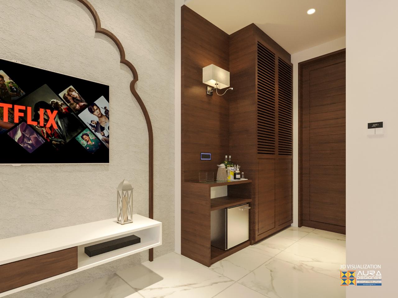 Entertainment wall in a guest room at The Heritage Resort, Bhopal